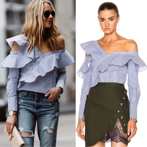 V Cristina Tops - V Cristina Striped Asymmetric Frill Shirt